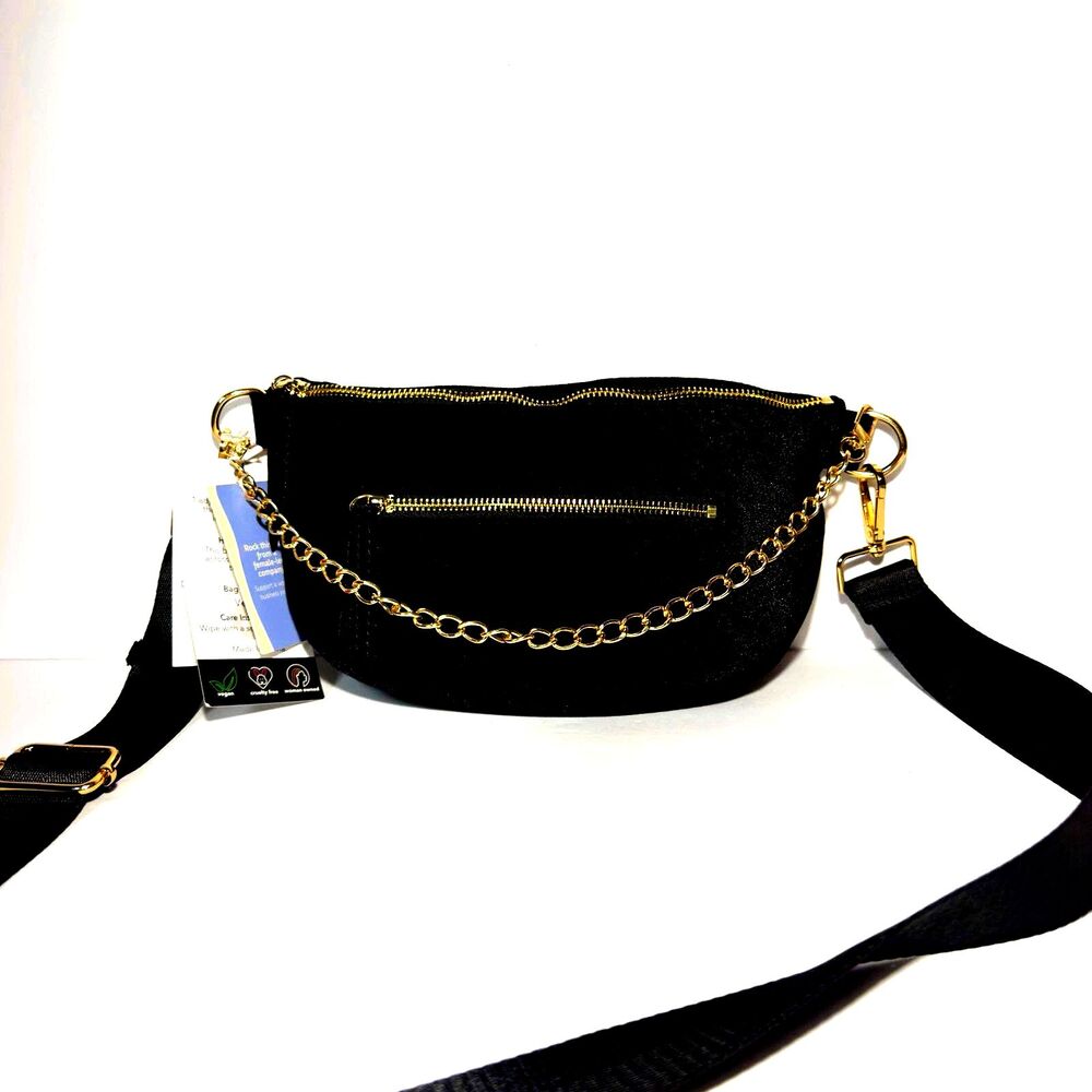 Ah.dorned Black Velvet Crescent Crossbody Bag Gold Chain Zip 10x6 in NWT